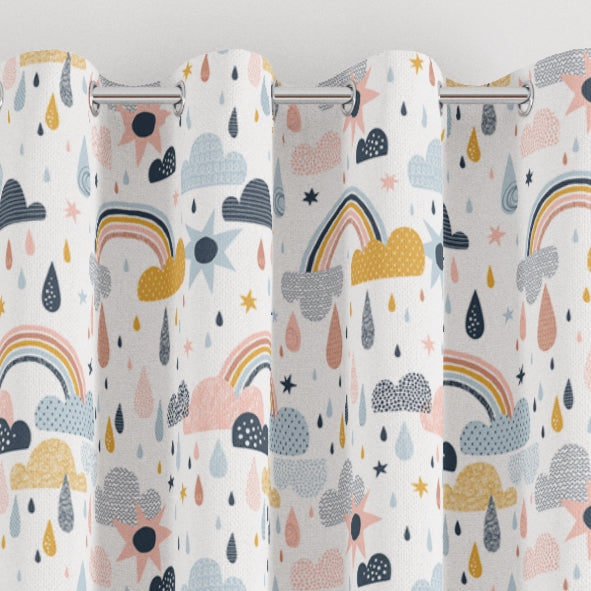 eyelet rainbows, clouds and raindrops print children's bedroom and nursery curtains, gold, pink, black, and blue.