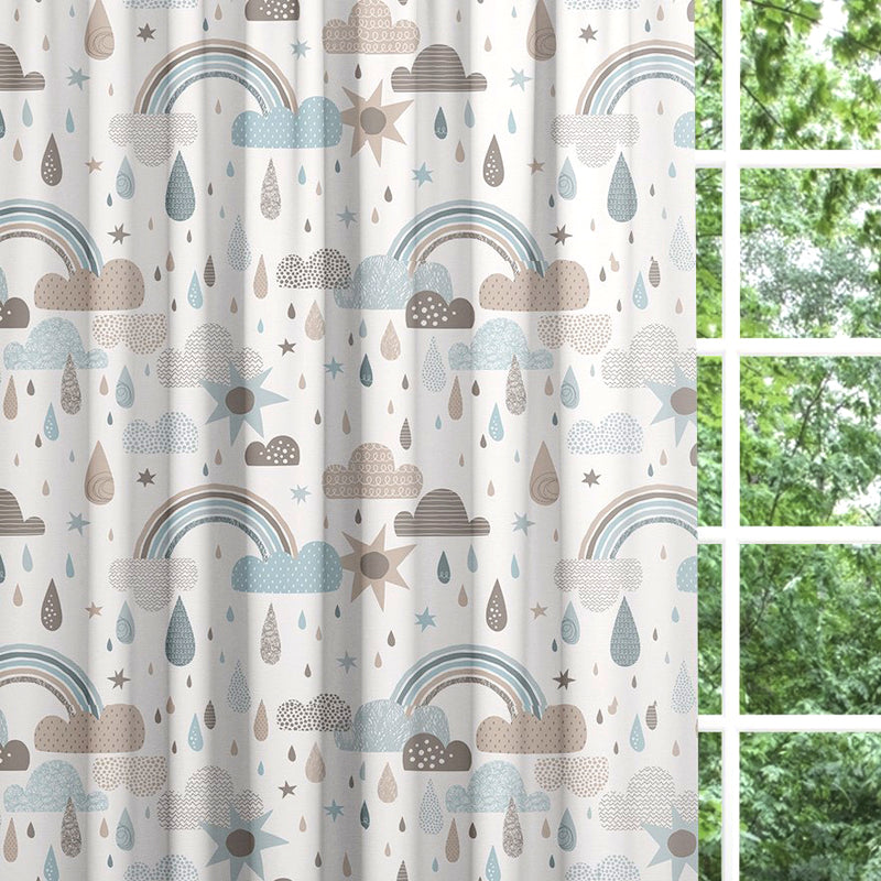 Backout lined children's bedroom and nursery curtains, rainbows, clouds and raindrops.