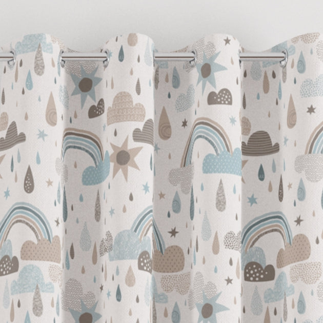 eyelet rainbows, clouds and raindrops print children's bedroom and nursery curtains, blues and browns. 
