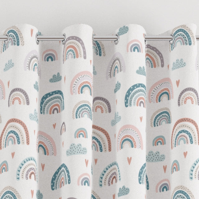 Rainbows, clouds and hearts children's bedroom and nursery blackout lined curtains, blue and pink, pencil pleat and eyelet