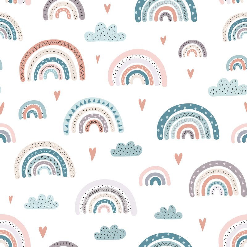 Rainbows, clouds and hearts children's bedroom and nursery blackout lined curtains, blue and pink, pencil pleat and eyelet