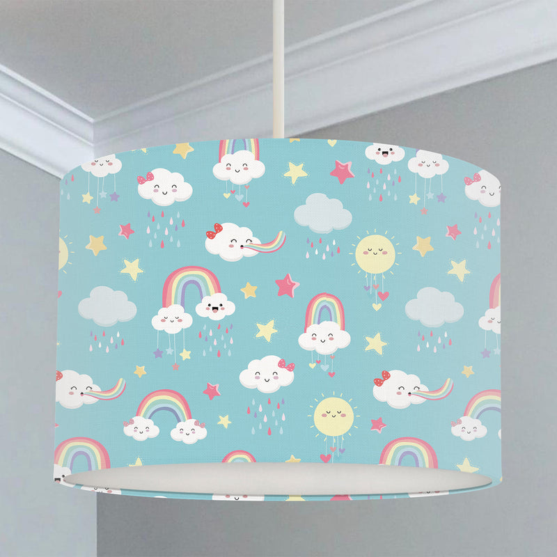 Children's bedroom and nursery lampshade, pink and turquoise, sun, stars, rain clouds, rainbows, sky. Nature. 