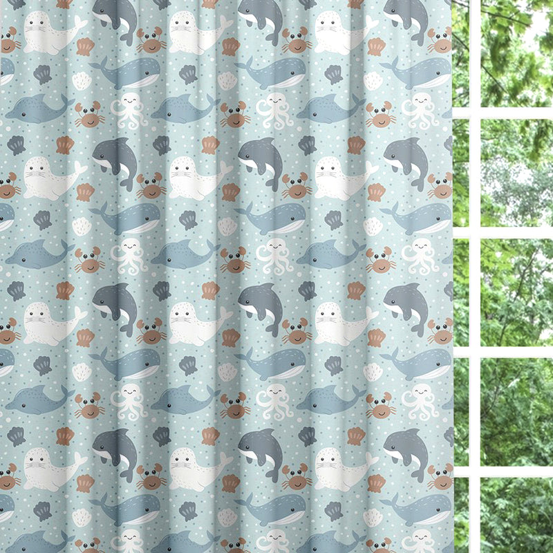 Backout lined children's bedroom and nursery curtains, Sea Creatures, whales, crabs, seals and dolphins.