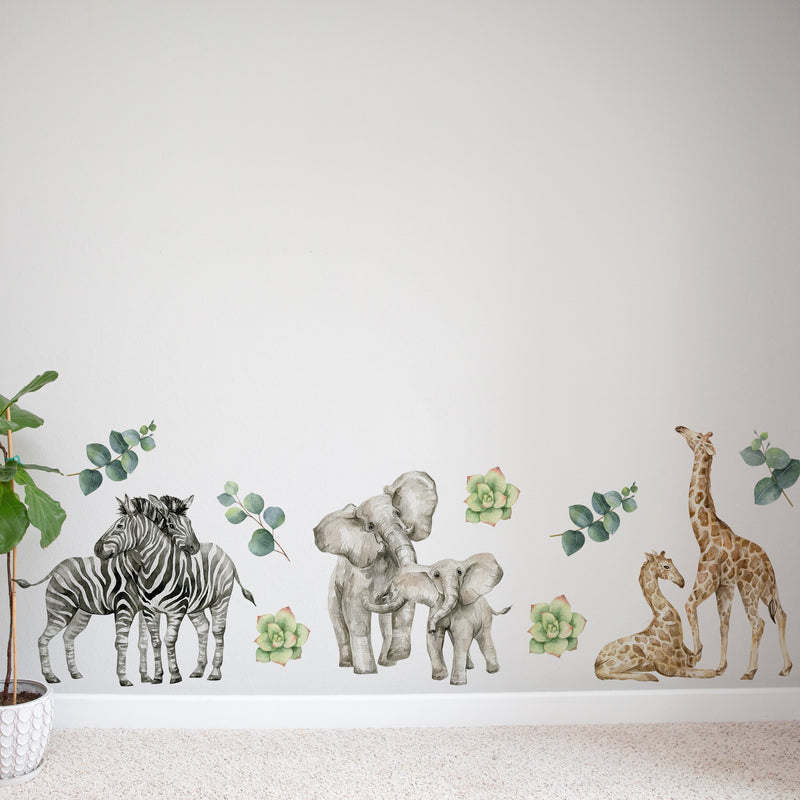 Zebra, elephant, giraffe mummy and baby safai animals wall decals, gender neutral