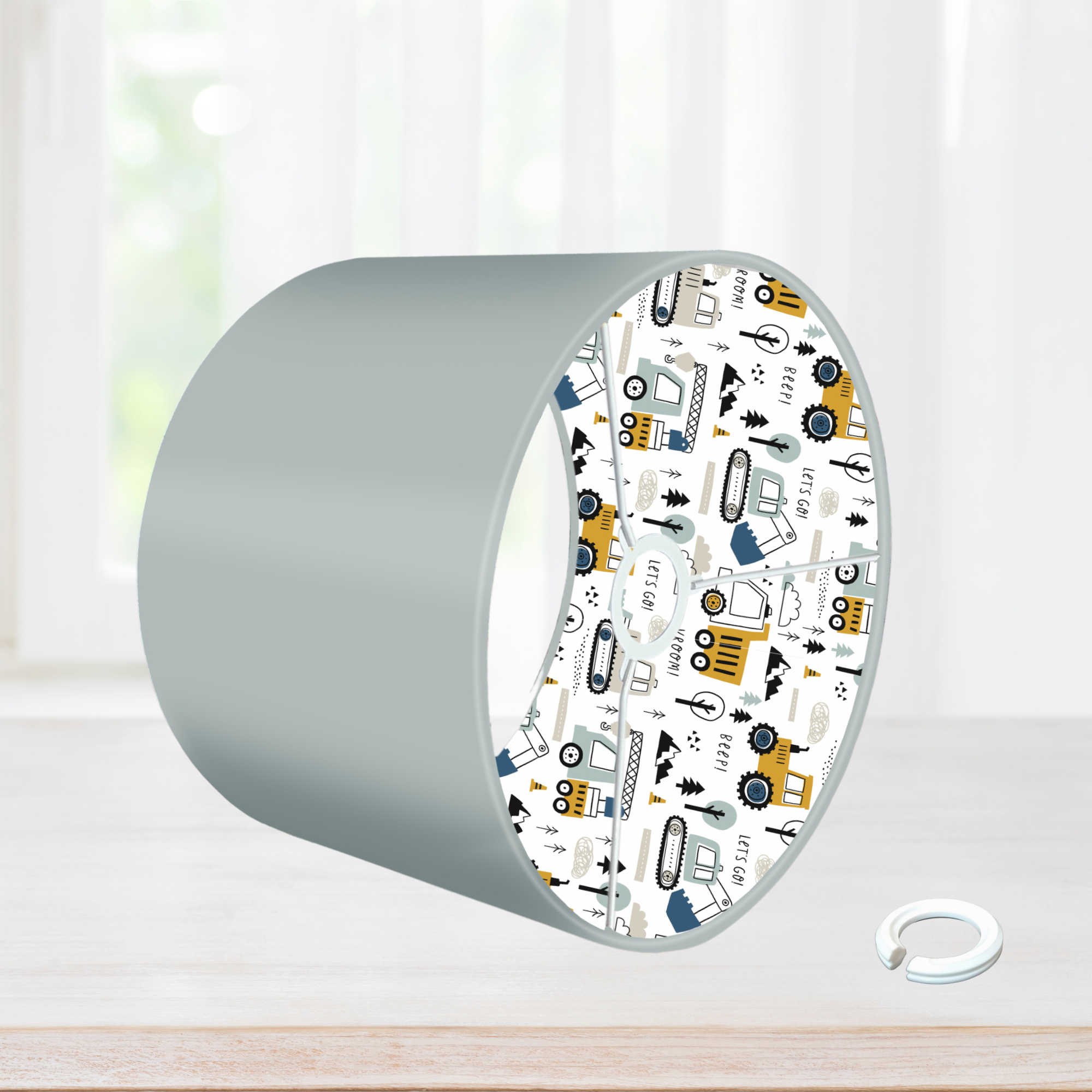 Lined Let's Go Lampshade, Blue, Grey and Mustard