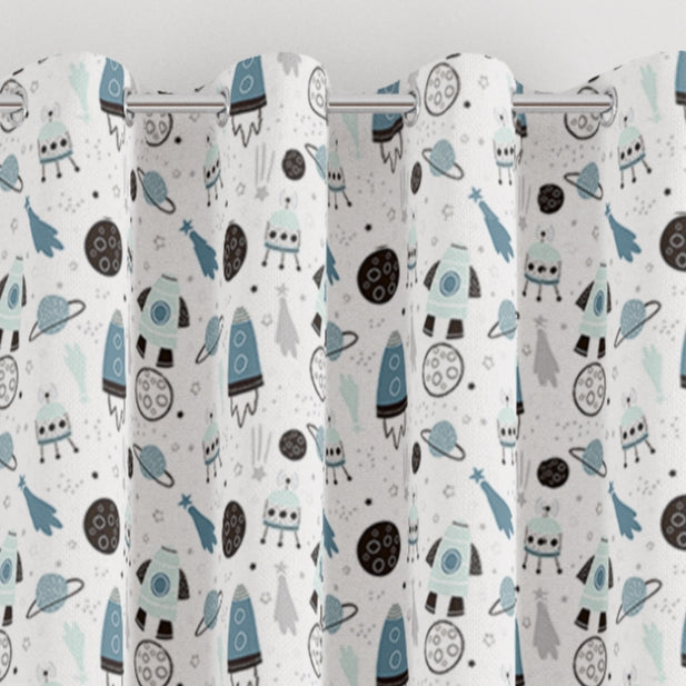 eyelet space scene print children's bedroom and nursery curtains, blue, white and black.