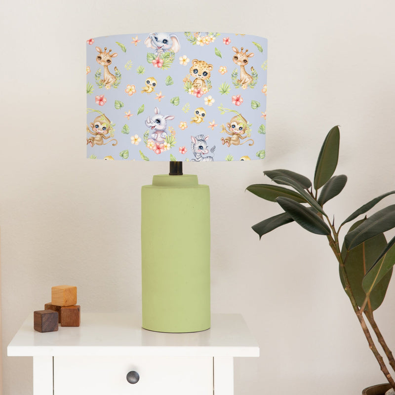 Spring Safari Baby Animals children's bedroom and nursery lampshade, dusky lavender. This beautiful children's bedroom or nursery lampshade features cute safari baby animals among pretty flowers in bright spring tones of pink, green and yellow. 