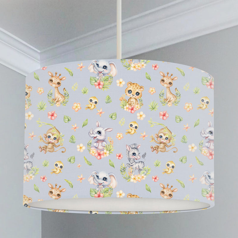 Spring Safari Baby Animals children's bedroom and nursery lampshade, dusky lavender. This beautiful children's bedroom or nursery lampshade features cute safari baby animals among pretty flowers in bright spring tones of pink, green and yellow. 