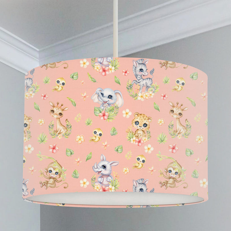 Spring Safari Baby Animals children's bedroom and nursery lampshade, blush pink. This beautiful children's bedroom or nursery lampshade features cute safari baby animals among pretty flowers in bright spring tones of pink, green and yellow.