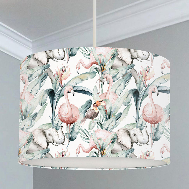 Children's bedroom and nursery lampshade, tropical animals, elephants, flamingos, and great hornbills,  large green leaves. 