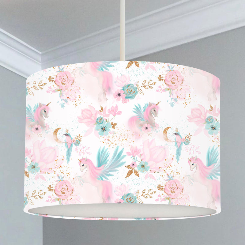 Children's bedroom and nursery lampshade, Pink and blue, Unicorn, birds, flowers, moon, fantasy.