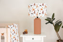 Children's bedroom and nursery ceiling and lampshade, brown and white, wildlife animals, deer, foxes, hedgehogs, owls, and bears.