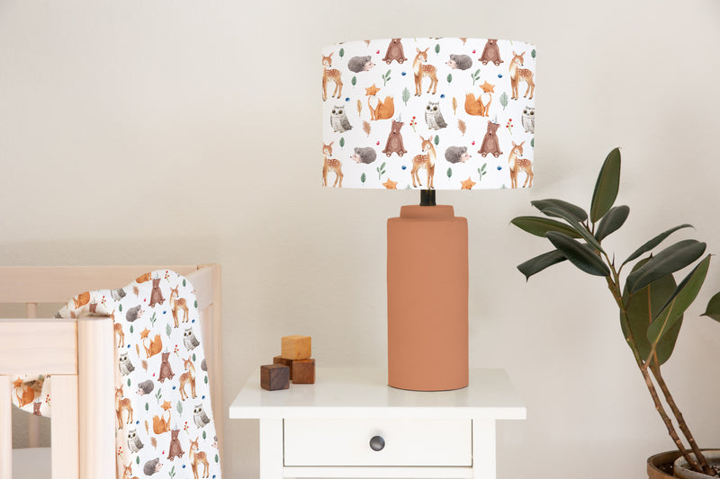 Children's bedroom and nursery ceiling and lampshade, brown and white, wildlife animals, deer, foxes, hedgehogs, owls, and bears.