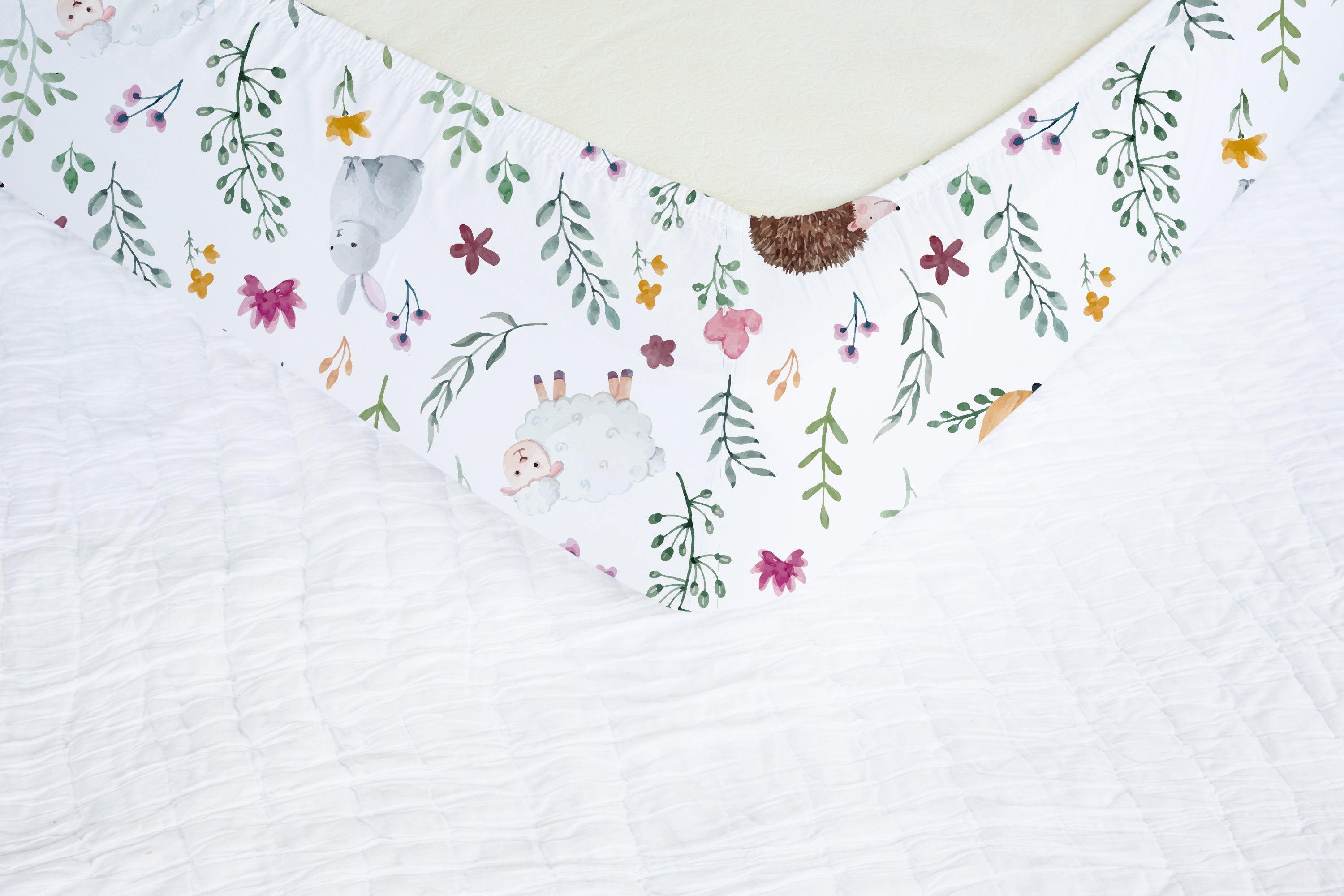 Woodland foxes, bunny rabbits, hedgehogs and flowers children's bedroom and nursery fitted cot bed sheet. Free Shipping. 
