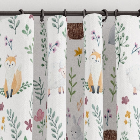 Woodland hedgehogs, foxes, bunny rabbits children's bedroom and nursery blackout lined custom made curtains. Big Little Bedrooms. Free Shipping.