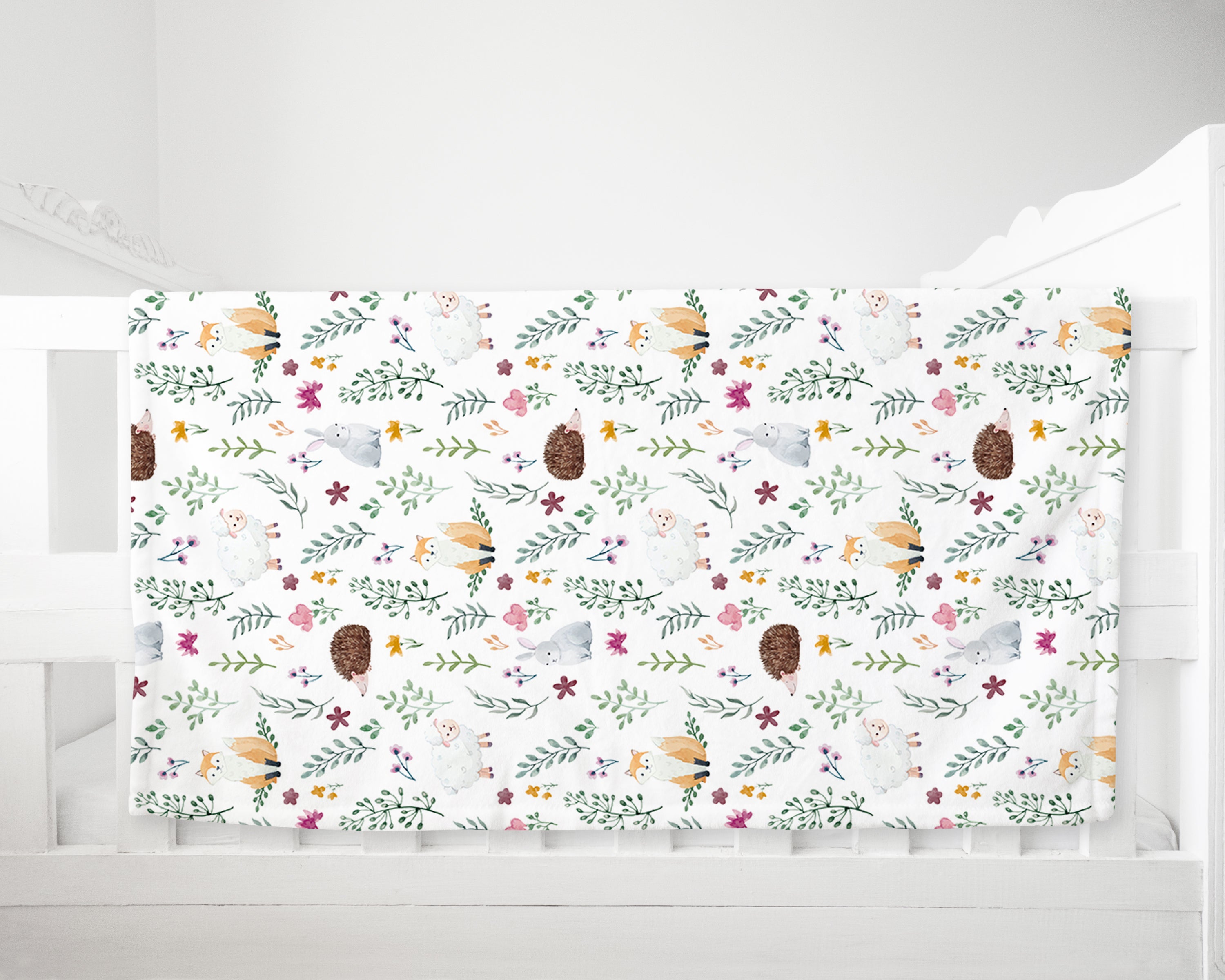 Woodland animals and flowers baby blanket, throw, recieving gift.