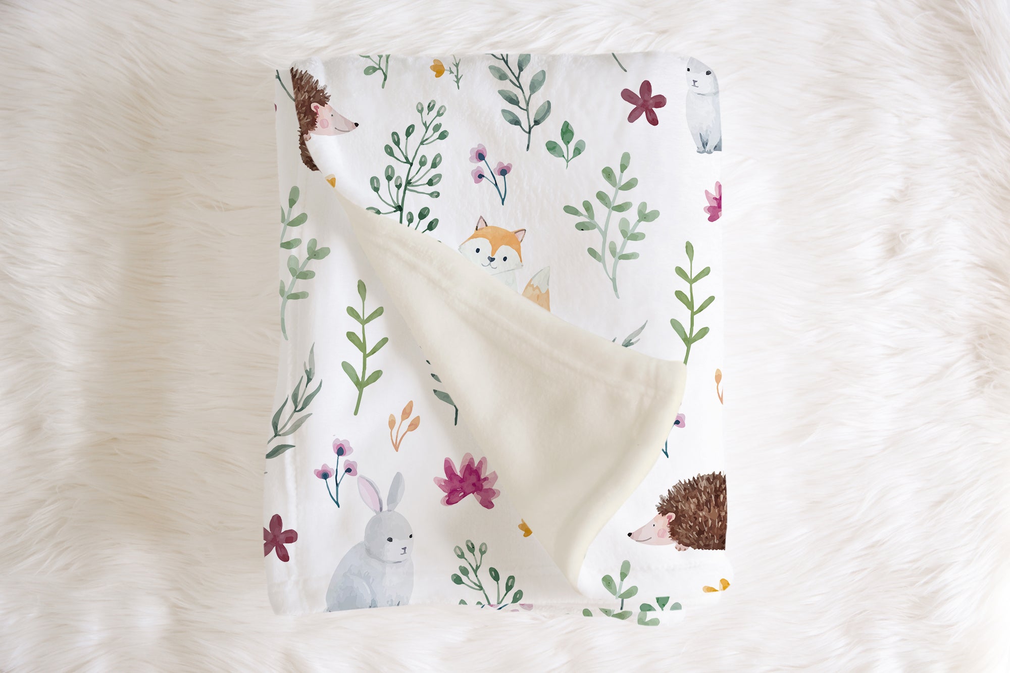 Woodland animals and flowers fleece baby blanket