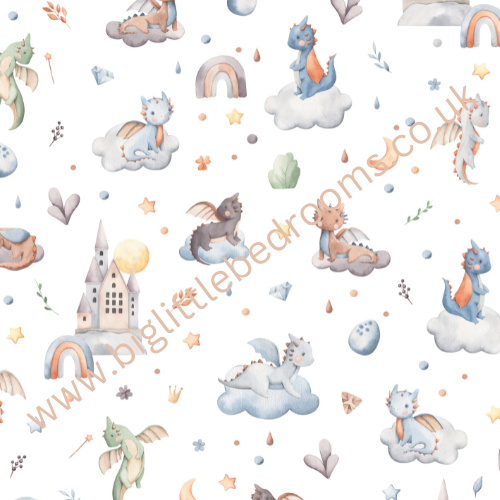 Fantasy themed baby dragon, rainbows and castles children's bedroom and baby nursery bedding and decor. 