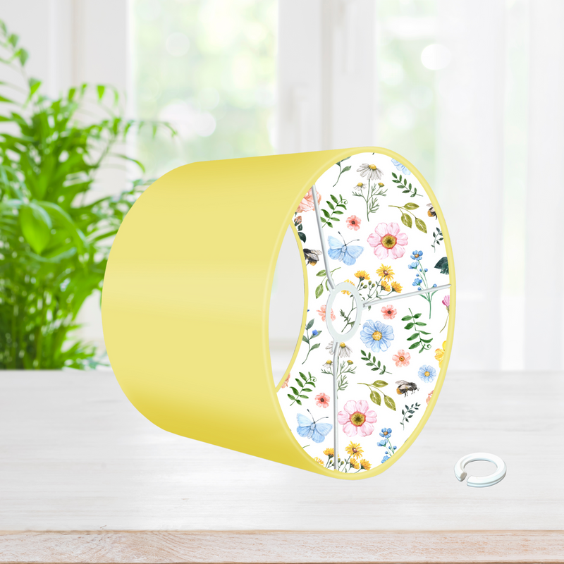 Children's bedroom and nursery lined colourful flowers lampshade, lamp shade, light shade, lightshade in yellow, pink or blue. 